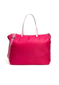 Rosa Nylon-Shopper mit Reißverschluss, zwei oberen Griffen und einem abnehmbaren Schultergurt mit kontrastierendem Logo-Detail.