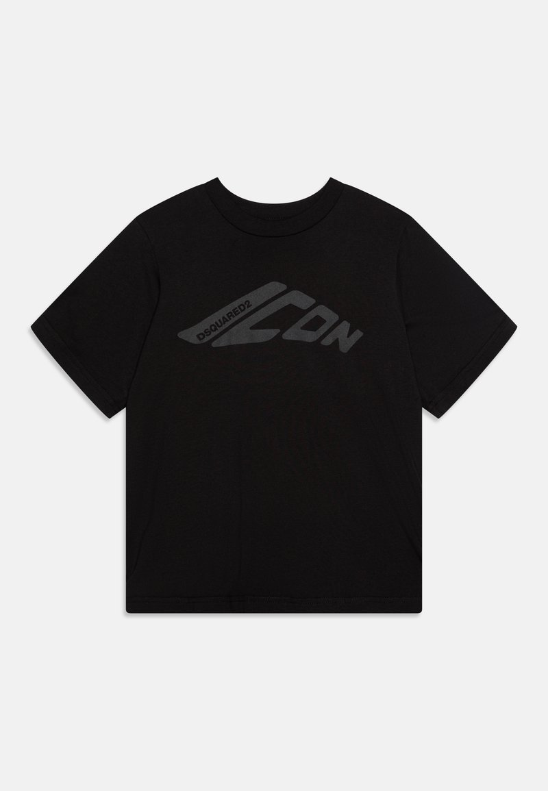 Camiseta de algodón negra con cuello redondo, que presenta una gran impresión del logotipo gris en el frente. Mangas cortas y un corte relajado.