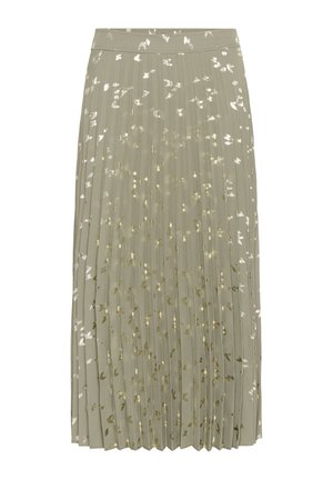 Gonna midi plissettata in verde oliva con motivo a foglia dorata metallica. Caratterizzata da un girovita aderente e una delicata texture leggera.