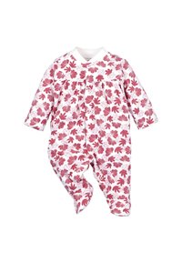 Babypak met lange mouwen en voetjes, witte basis, met een roze bloemen- en bladerenpatroon, drukknoopjes aan de voorkant en langs de benen.