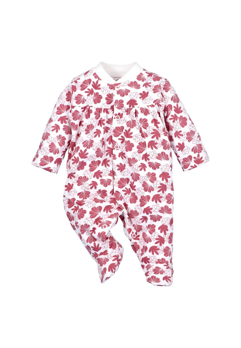 Babypak met lange mouwen en voetjes, witte basis, met een roze bloemen- en bladerenpatroon, drukknoopjes aan de voorkant en langs de benen.