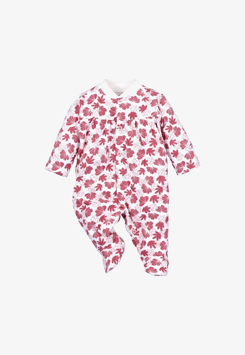 Babypak met lange mouwen en voetjes, witte basis, met een roze bloemen- en bladerenpatroon, drukknoopjes aan de voorkant en langs de benen.