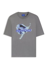 Gray t-shirt made of cotton with a crew neck, featuring a blue graphic design with the word "HUGO" and abstract shapes printed on the front.