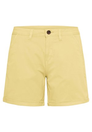 Pantaloni scurți casual de culoare galben deschis, cu nasture frontal, bucle pentru curea, buzunare frontale și tivuri întoarse.