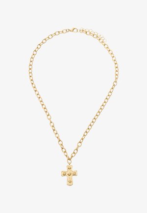Złoty naszyjnik z łańcuchem i teksturowanym wisiorkiem w kształcie krzyża, ozdobionym małymi, okrągłymi akcentami. Ogniwa łańcucha mają owalny kształt i są ze sobą połączone.