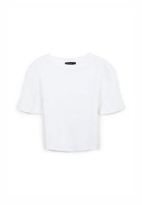 Top bianco a maniche corte con scollatura rotonda, realizzato in tessuto a maglia rigata. Il design presenta una silhouette cropped con una vestibilità comoda.