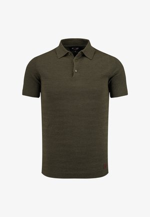 Olijfgroene polo met korte mouwen van gebreide stof, met een klassieke kraag, een knoopsluiting met drie knopen en een klein logodeetail aan de zoom.