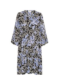 Schwarzes Kleid mit blau-weißen, abstrakten Leopardenmustern, mit V-Ausschnitt, Dreiviertelärmeln und einem lässigen Schnitt mit geschichteten Rüschen.