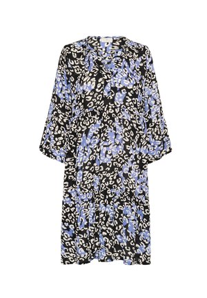 Black dress with blue and white abstract leopard print, featuring a v-neckline, three-quarter sleeves, and a relaxed fit with tiered ruffles.