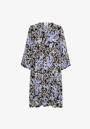 Abito nero con stampa astratta a leopardo blu e bianco, caratterizzato da scollatura a V, maniche a tre quarti e una vestibilità comoda con ruffles a strati.