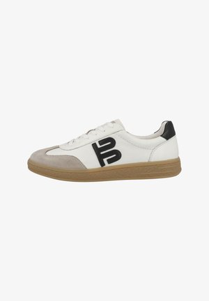 White leather sneakers with beige suede accents, black logo detail, and a gum rubber sole. Features flat laces and a low-top design.