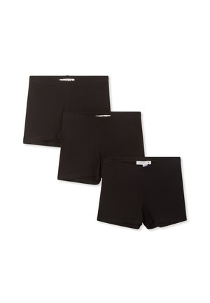 Tre paia di pantaloni corti neri in cotone, caratterizzati da una consistenza liscia, una cintura elastica e senza loghi o motivi visibili.