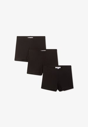 Tre paia di pantaloni corti neri in cotone, caratterizzati da una consistenza liscia, una cintura elastica e senza loghi o motivi visibili.