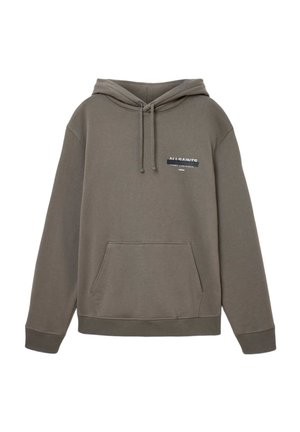 Sweat-shirt à capuche gris avec une poche kangourou à l'avant, une capuche avec cordon de serrage, et un petit patch logo noir sur la poitrine. Matière en coton mélangé.