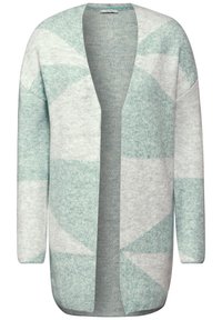 Lichtgrijze cardigan met geometrische teal-patronen. Gemaakt van zachte, gestructureerde stof, met een open voorkant en lange mouwen.