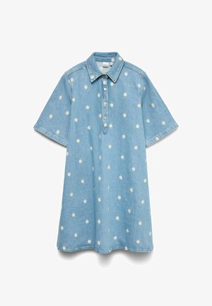 Denim shirt jurk, lichtblauw, korte mouwen, knoopsluiting aan de voorkant, bloemenborduurwerk in wit met gele accenten, relaxte pasvorm, afgeronde zoom.
