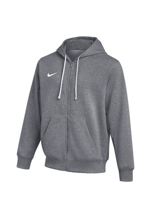 Grauer Kapuzenpullover mit Reißverschluss, weißen Kordeln, Fronttaschen, gerippten Bündchen und einem weißen Nike Swoosh-Logo auf der linken Brust.