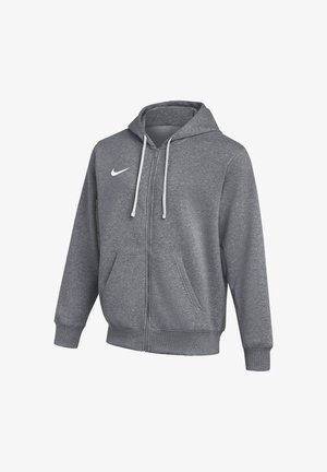 Sweat à capuche gris avec fermeture éclair, cordons blancs, poches avant, poignets côtelés et logo Nike swoosh blanc sur le côté gauche de la poitrine.