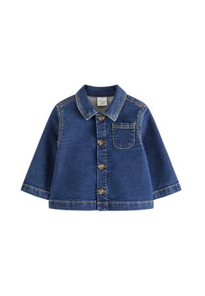 Giacca di jeans blu per bambini con maniche lunghe, chiusura frontale con bottoni, colletto e una tasca sul petto su sfondo bianco.