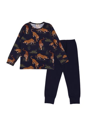 Kinder-Schlafanzug-Set in Marineblau mit langen Ärmeln; Oberteil mit orangem Tiger- und Leopardenprint, schlichte marineblaue Hose mit Bündchen an den Knöcheln.
