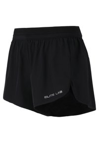 Shorts de course noirs avec taille élastique, tissu léger et fentes latérales. Présente le logo "ELITE LAB" en blanc en bas à gauche.