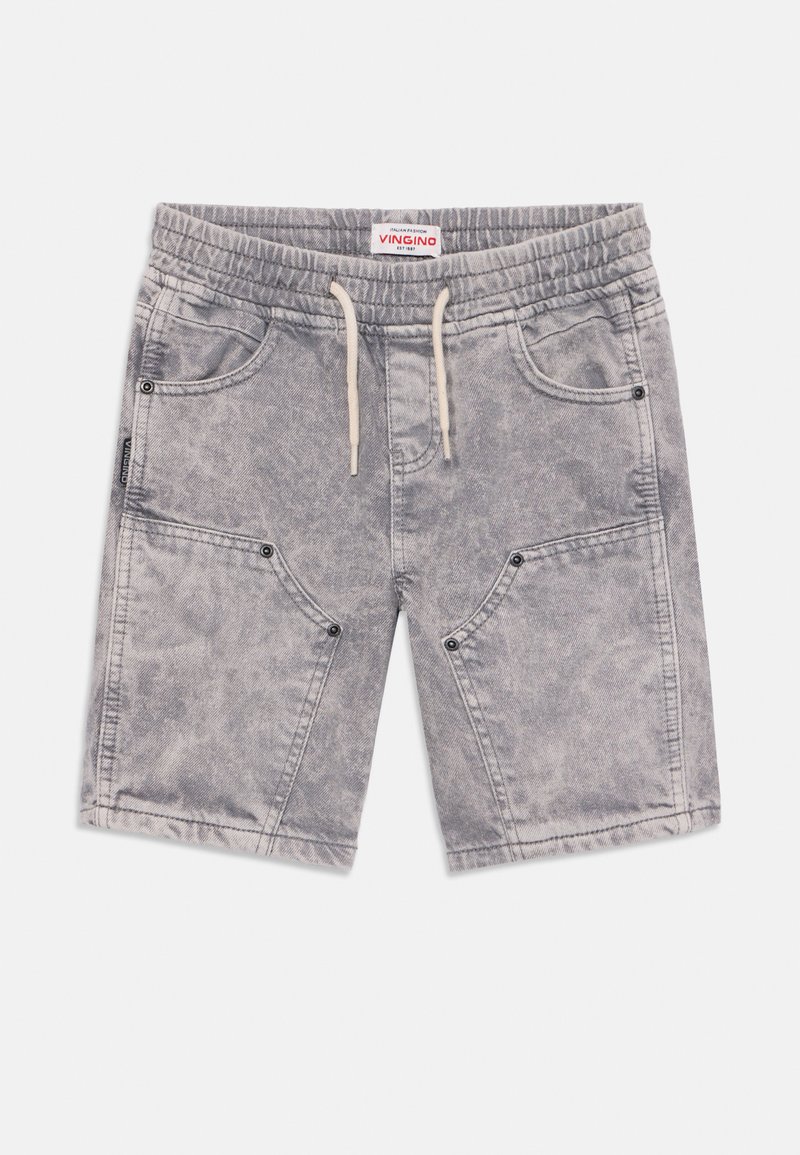 Ανοιχτό γκρι τζιν σορτς με ελαστική μέση, κορδόνι και δύο μπροστινές τσέπες. Διαθέτει ραφές και ελαφρώς ξεθωριασμένη υφή.