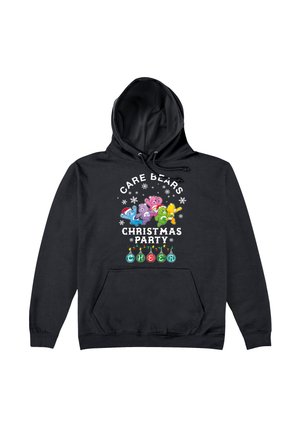 Czarna bluza z kapturem z kolorowym graficznym motywem Care Bears o tematyce świątecznej. Zawiera tekst "Care Bears Christmas Party Cheer" oraz płatki śniegu.