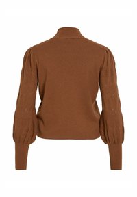 Pull en maille marron, avec un col haut, des manches ballons avec des motifs texturés, et un corps cintré. Tissu doux et confortable.