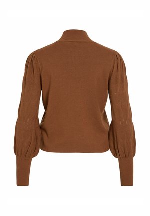 Pull en maille marron, avec un col haut, des manches ballons avec des motifs texturés, et un corps cintré. Tissu doux et confortable.