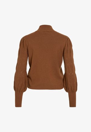 Pull en maille marron, avec un col haut, des manches ballons avec des motifs texturés, et un corps cintré. Tissu doux et confortable.