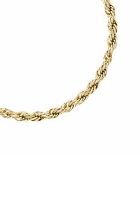 Collana in oro a catena con un intricato design intrecciato, texture liscia e superficie riflettente, che migliora la sua apparenza leggera.