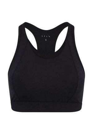 Crna sportska bralette s dizajnom leđa kao na biciklističkoj majici, izrađena od rastezljivog materijala. Ima gladak sivi izgled i jednobojna je bez uzoraka ili dodataka.