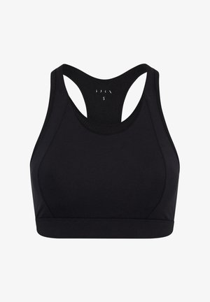 Čierny športový podprsenka s prekríženými ramienkami, vyrobená z elastického materiálu. Má hladkú textúru a jednotnú farbu bez vzorov alebo akcentov.