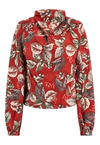 Bloemen capuchonpullover in het rood, met groene en crèmekleurige bladeren en bloemen. Lange mouwen met elastische manchetten en een relaxte pasvorm.