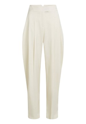 Pantalon de couleur crème avec une taille haute, des plis à l'avant et des jambes fuselées. Fabriqué en tissu léger avec une texture lisse.