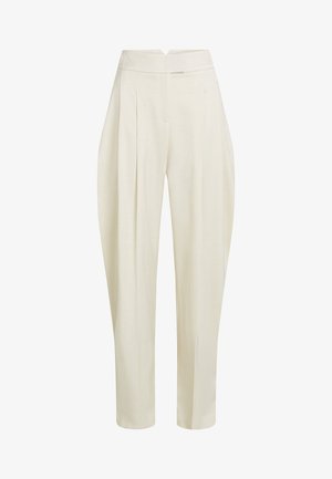 Hlače krem barve z visokim pasom, sprednjimi gubami in zoženimi nogavicami. Izdelane iz lahkega blaga z gladko teksturo.