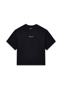 Czarny skrócony t-shirt wykonany z bawełny, z krótkimi rękawami i okrągłym dekoltem, z haftowanym na piersi białym logo "Guess Jeans".