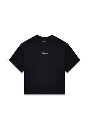 Schwarzes, kurzes T-Shirt aus Baumwolle mit kurzen Ärmeln und rundem Ausschnitt, auf der Brust mit dem in Weiß gestickten "Guess Jeans"-Logo.