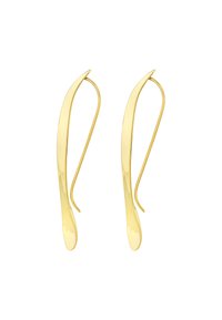 Guldpläterade metalldetaljer med en böjd, avlång design som har en krokstängning. Slät, glänsande yta med en elegant finish.