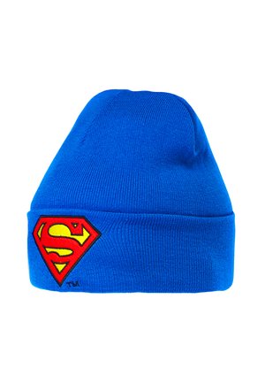 Bright blue knit beanie with folded edge featuring a red and yellow Superman logo patch on the front.