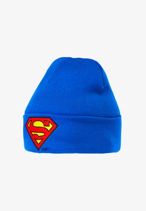 Bright blue knit beanie with folded edge featuring a red and yellow Superman logo patch on the front.