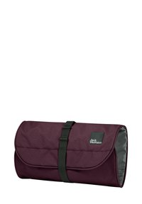 Tappeto arrotolabile color bordeaux realizzato in tessuto resistente, con un interno grigio, dotato di una cinghia nera e un logo sulla parte frontale per una chiusura sicura.