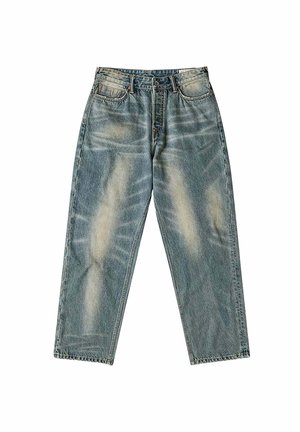 Jeans in denim blu sfumato a gamba dritta, vita alta, tasche frontali e chiusura con bottoni, mostrati stesi su sfondo bianco.