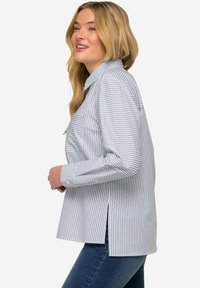 Camicia a righe blu chiaro e bianca, con taschino sul davanti, maniche lunghe e spacchi laterali per facilitare il movimento.