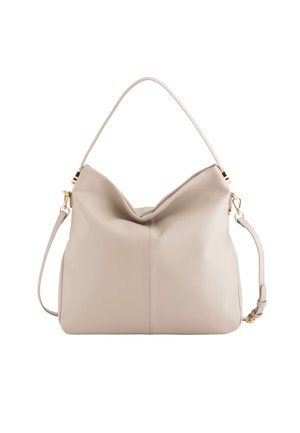 Bolso de cuero beige con un diseño flexible, que cuenta con una sola correa para el hombro y acentos de hardware en tono dorado. Textura suave y costuras mínimas.