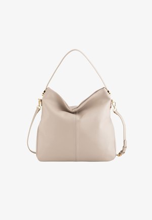 Beige Lederhandtasche mit einem lässigen Design, ausgestattet mit einem einzelnen Schultergurt und goldfarbenen Hardware-Akzenten. Glatte Textur und minimale Nähte.