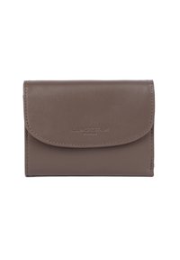 Portafoglio in pelle marrone con chiusura a pattina, impresso con "Lancaster Paris" centrato sul davanti.