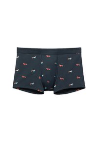Boxers cortos de algodón azul oscuro con un diseño ajustado, que presentan pequeños patrones coloridos de teckels a lo largo. Textura suave y cinturilla elástica.