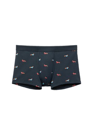 Tmavě modré bavlněné boxerky s přiléhavým střihem, zdobené drobnými, barevnými vzory jezevčíků po celém povrchu. Měkká textura a elastický pas.