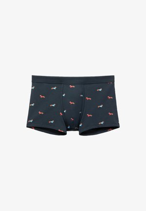 Boxer shorts en coton bleu foncé avec une coupe ajustée, présentant de petits motifs colorés de teckels sur l'ensemble. Texture douce et taille élastique.